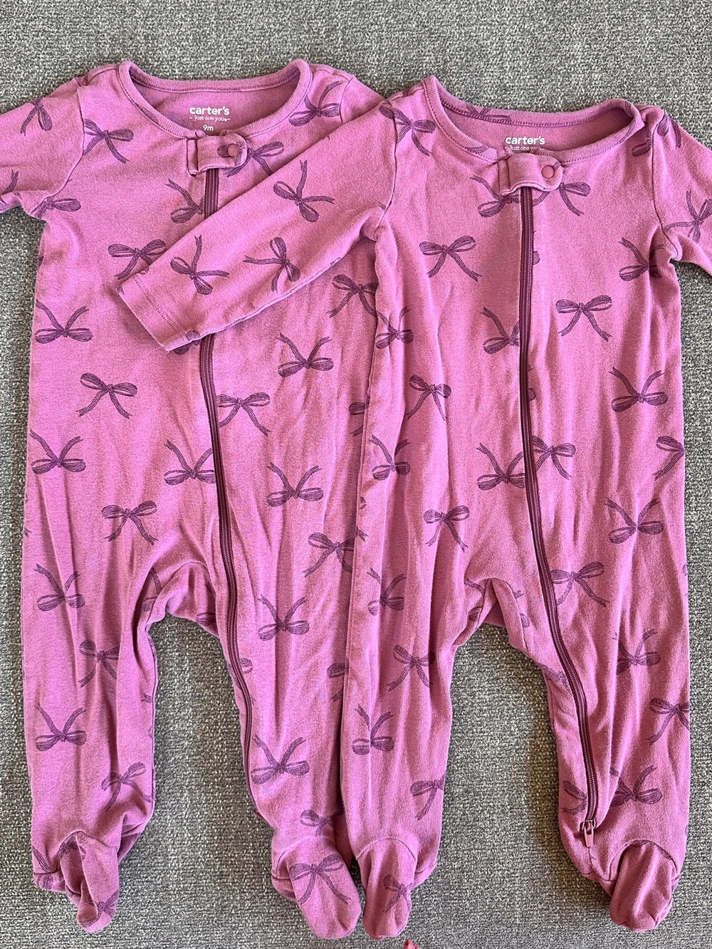 Carter's Pink Bow-Print Footed One-Pieces Twin girls matching pajamas